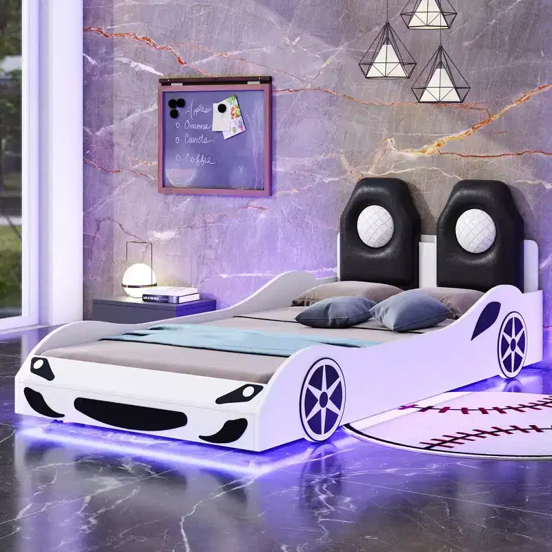 Letto a forma di auto da corsa per bambini, misura doppia, con luce a LED e schienale imbottito, struttura in legno, piattaforma letto per bambini