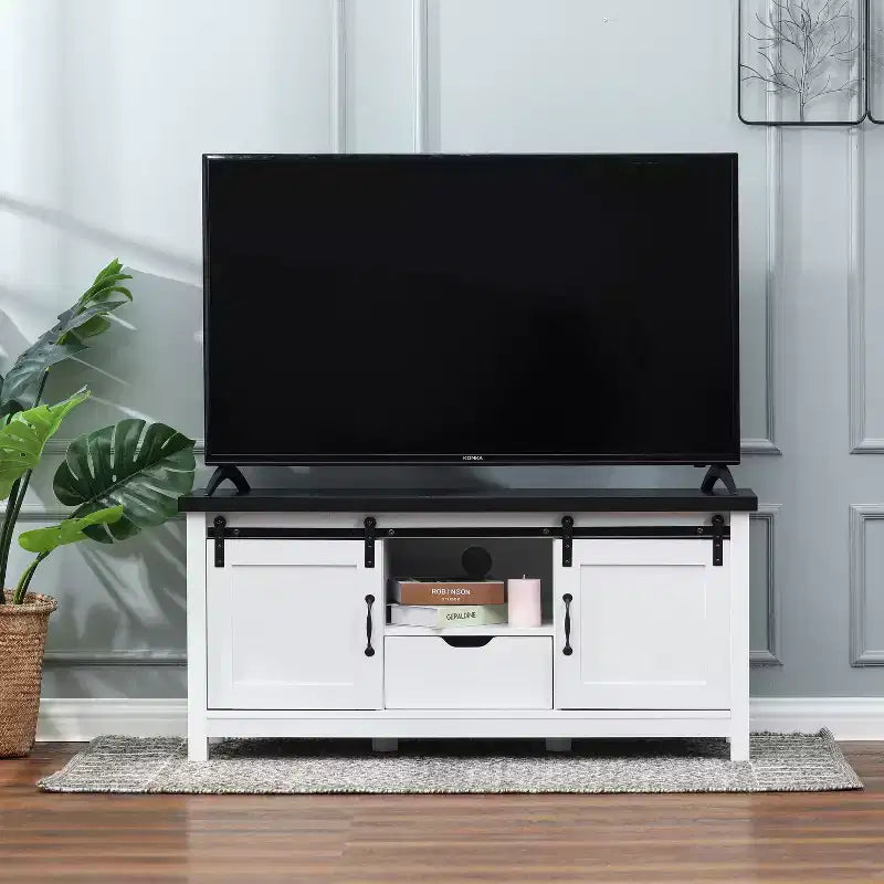 LuxenHome Mobile TV 47,3W stile fattoria per soggiorno con porta scorrevole a granaio, console multimediale con vani portaoggetti e cassetto Bianco