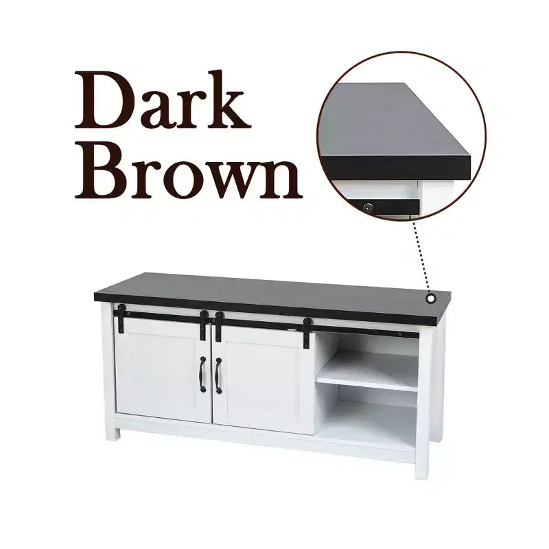 LuxenHome Mobile TV 47,3W stile fattoria per soggiorno con porta scorrevole a granaio, console multimediale con vani portaoggetti e cassetto Bianco