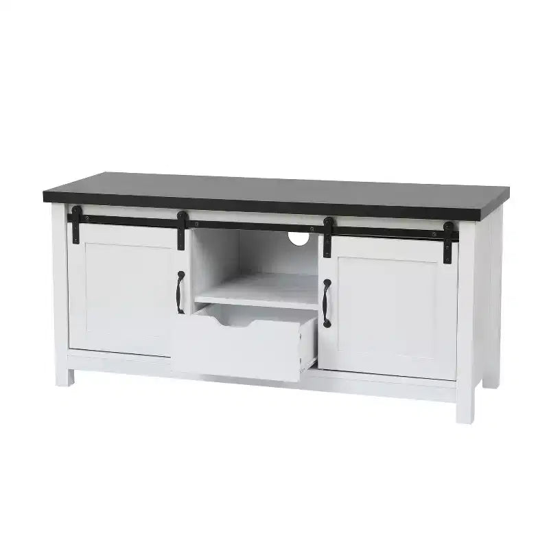 LuxenHome Mobile TV 47,3W stile fattoria per soggiorno con porta scorrevole a granaio, console multimediale con vani portaoggetti e cassetto Bianco