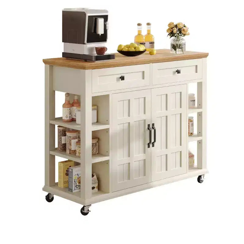 Kitchen Island on Wheels with 2 Drawers Wood Rolling Kitchen Cart with Adjustable Open Shelves for Kitchen Dining Room