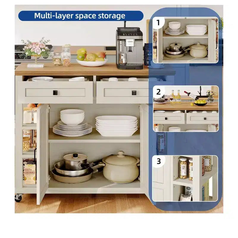 Isola da Cucina su Ruote con 2 Cassetti Carrello da Cucina in Legno con Ripiani Aperti Regolabili per Cucina Sala da Pranzo