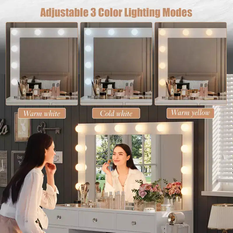 Toeletta con presa di corrente, vanity da 11 cassetti con specchio e 12 luci LED, adatta per camere da letto