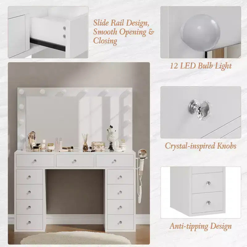 Toeletta con presa di corrente, vanity da 11 cassetti con specchio e 12 luci LED, adatta per camere da letto