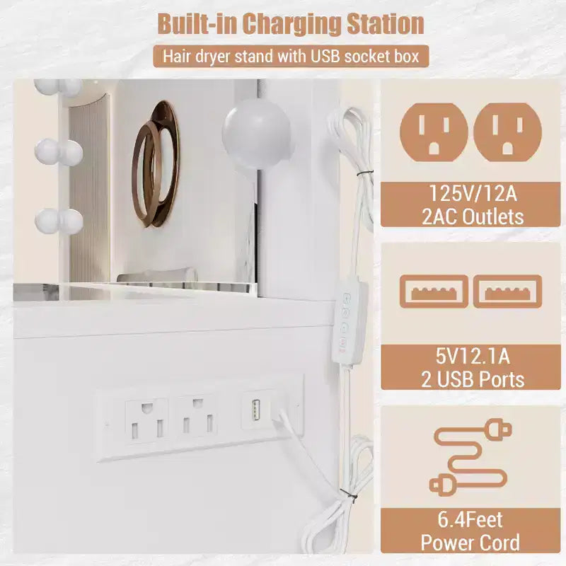 Toeletta con presa di corrente, vanity da 11 cassetti con specchio e 12 luci LED, adatta per camere da letto