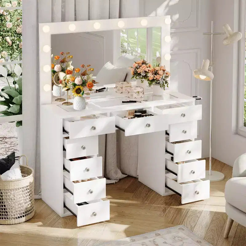 Toeletta con presa di corrente, vanity da 11 cassetti con specchio e 12 luci LED, adatta per camere da letto