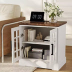 Comodino Moderno Bianco in MDF con Stazione di Ricarica, Anta in Vetro Regolabile e Spazio Contenitivo, Tavolino Compatto e Funzionale per la Camera da Letto
