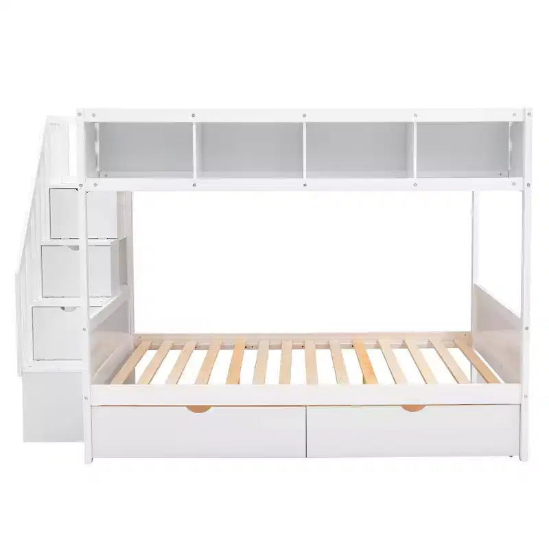 Letto a castello Bellemave Twin su Full con mensole, scala contenitore e 2 cassetti, Bianco