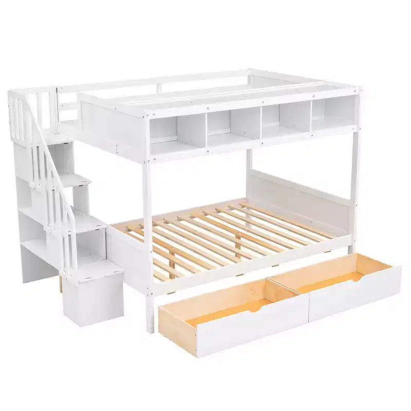 Letto a castello Bellemave Twin su Full con mensole, scala contenitore e 2 cassetti, Bianco