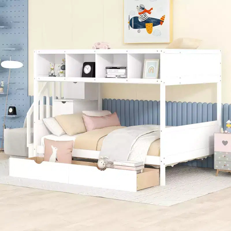 Letto a castello Bellemave Twin su Full con mensole, scala contenitore e 2 cassetti, Bianco