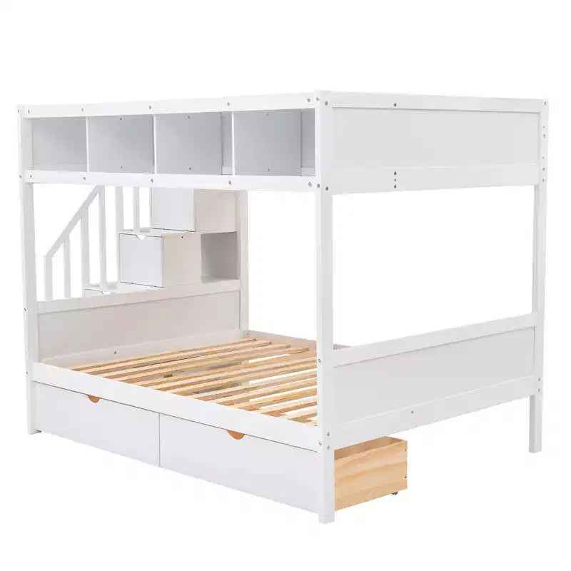 Letto a castello Bellemave Twin su Full con mensole, scala contenitore e 2 cassetti, Bianco