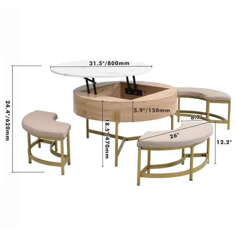 JVNOXK Tavolino moderno rotondo trasformabile con contenitore e 3 pouf bianco e naturale