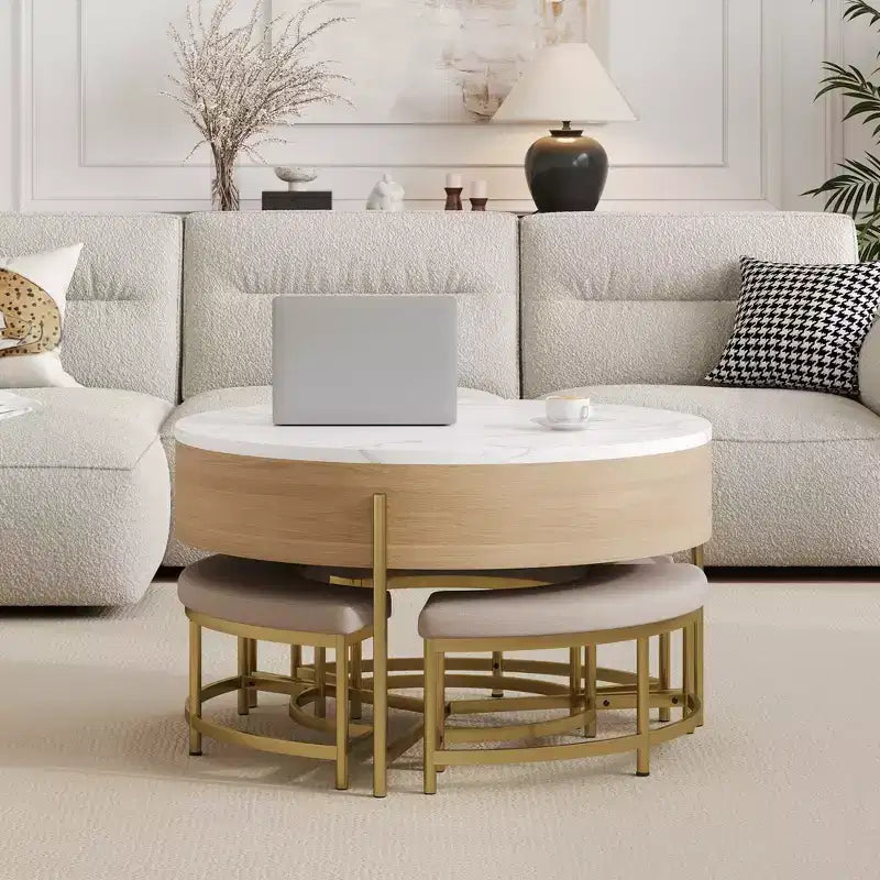 JVNOXK Tavolino moderno rotondo trasformabile con contenitore e 3 pouf bianco e naturale