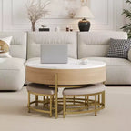 JVNOXK Tavolino moderno rotondo trasformabile con contenitore e 3 pouf bianco e naturale
