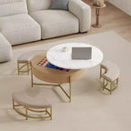 JVNOXK Tavolino moderno rotondo trasformabile con contenitore e 3 pouf bianco e naturale