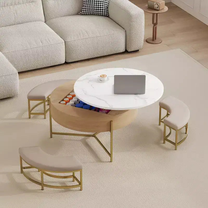 JVNOXK Tavolino moderno rotondo trasformabile con contenitore e 3 pouf bianco e naturale