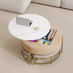JVNOXK Tavolino moderno rotondo trasformabile con contenitore e 3 pouf bianco e naturale
