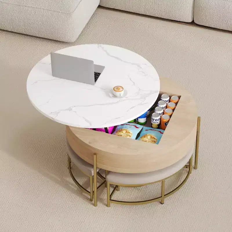 JVNOXK Tavolino moderno rotondo trasformabile con contenitore e 3 pouf bianco e naturale