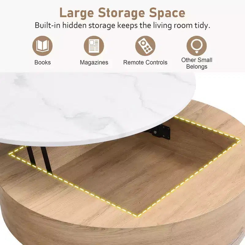 JVNOXK Tavolino moderno rotondo trasformabile con contenitore e 3 pouf bianco e naturale