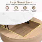 JVNOXK Tavolino moderno rotondo trasformabile con contenitore e 3 pouf bianco e naturale