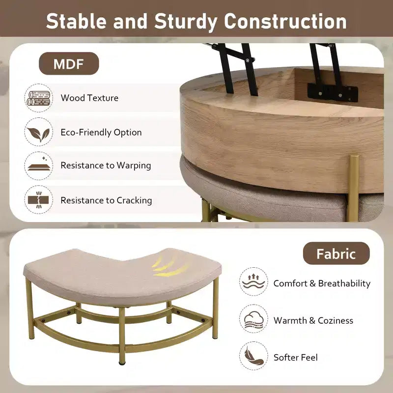 JVNOXK Tavolino moderno rotondo trasformabile con contenitore e 3 pouf bianco e naturale
