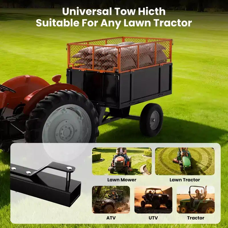 Rimorchio utilitario in acciaio per impieghi gravosi, Carrello da traino per ATV, 480 litri, capacità 340 kg con sponde rimovibili, Rimorchio da giardino per UTV
