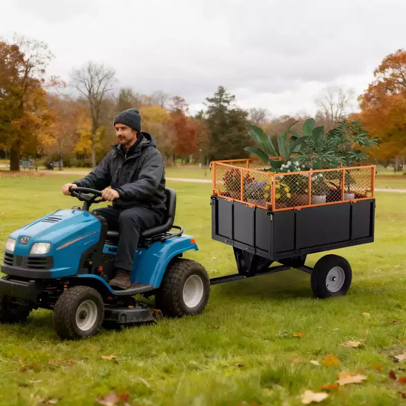 Rimorchio utilitario in acciaio per impieghi gravosi, Carrello da traino per ATV, 480 litri, capacità 340 kg con sponde rimovibili, Rimorchio da giardino per UTV