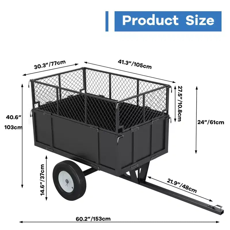 Rimorchio utilitario in acciaio per impieghi gravosi, Carrello da traino per ATV, 480 litri, capacità 340 kg con sponde rimovibili, Rimorchio da giardino per UTV