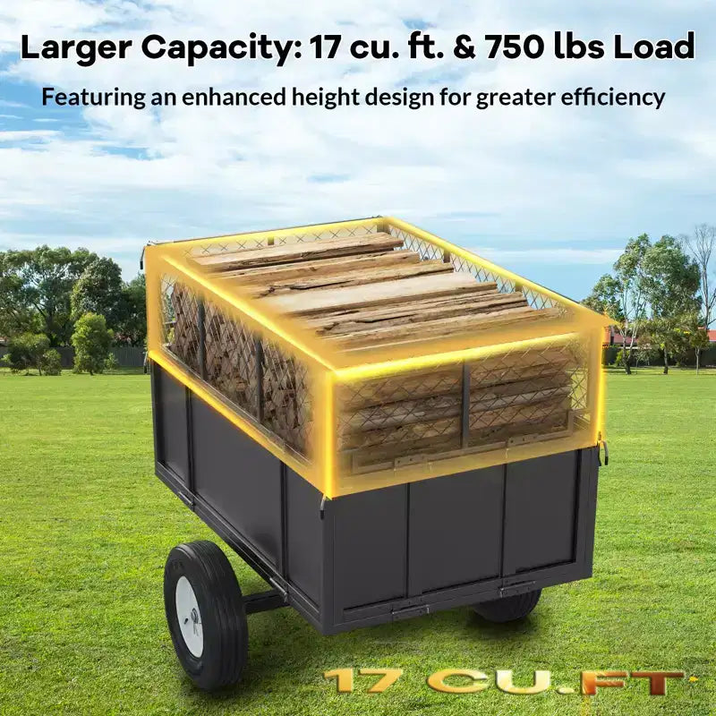Rimorchio utilitario in acciaio per impieghi gravosi, Carrello da traino per ATV, 480 litri, capacità 340 kg con sponde rimovibili, Rimorchio da giardino per UTV