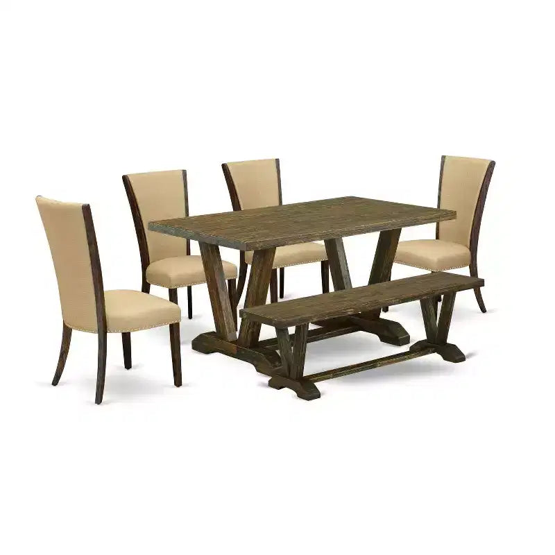 HomeStock 6-Piece Rectangle Distressed Jacobean Finish Solid Wood Top Dining Table with 1-Bench, 4-Chairs