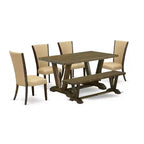 HomeStock 6-Piece Rectangle Distressed Jacobean Finish Solid Wood Top Dining Table with 1-Bench, 4-Chairs