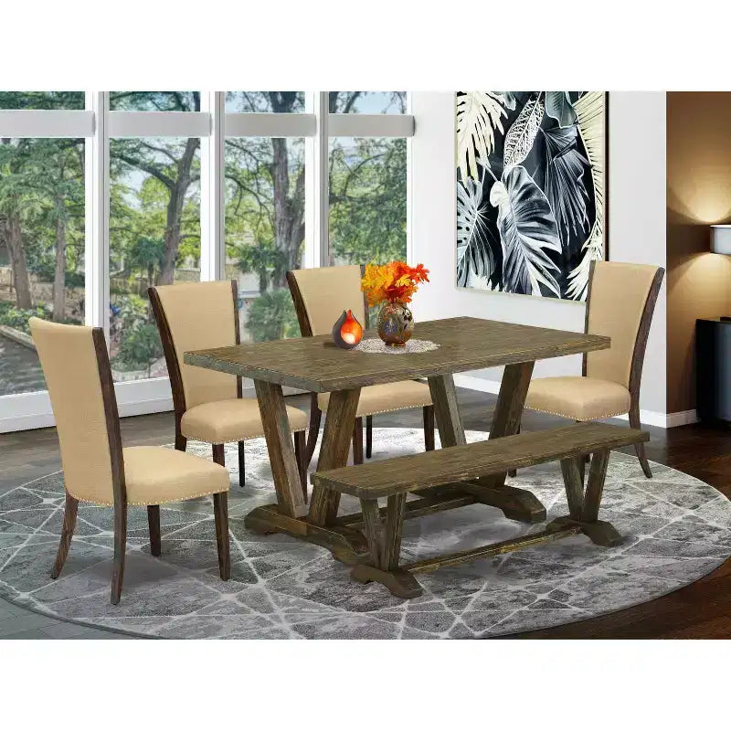 HomeStock Tavolo da pranzo rettangolare a 6 pezzi in legno massello con finitura Jacobean anticata, con 1 panca e 4 sedie