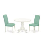 Round Dining Table Set 3pc - 42 Table & 2 Parsons Chairs - Modern PU Leather & Linen White Legs