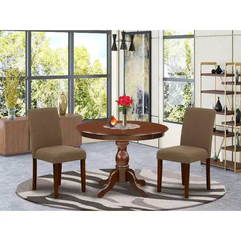 Set da Pranzo 3 Pezzi in Legno Massello Finitura Mogano con Schienale Alto - 4 Posti a Sedere