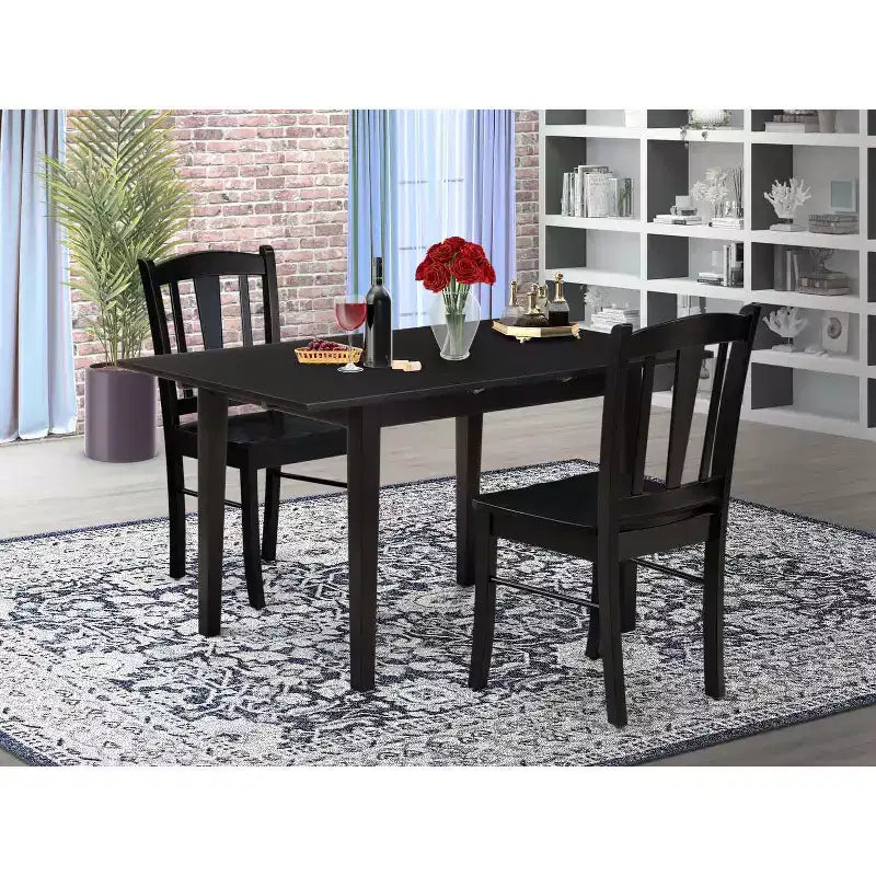 HomeStock Set tavolo da pranzo rettangolare 3 pezzi con piano in legno massello finitura nera e prolunga a farfalla