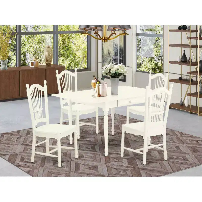 HomeStock Set da pranzo in 5 pezzi, finitura bianco lino, piano in legno massello - Con alette a ribalta - 4 posti