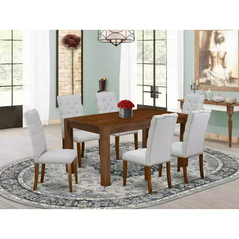 Tavolo da pranzo rettangolare a 7 pezzi in legno massello con finitura in rovere naturale e 6 sedie Parson con