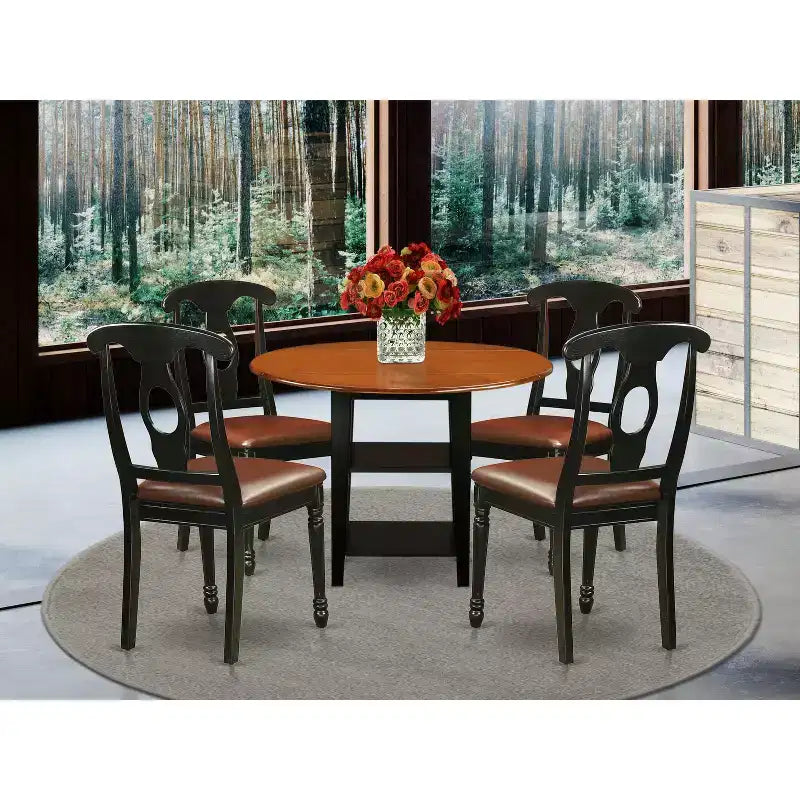 HomeStock Set da Pranzo Rotondo da 5 Pezzi con Piano in Legno Massello Finitura Nera e Ciliegio - 4 Posti