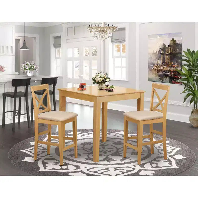 Set da tavolo da pranzo HomeStock a 3 pezzi in legno massello con finitura rovere marrone naturale, altezza bancone