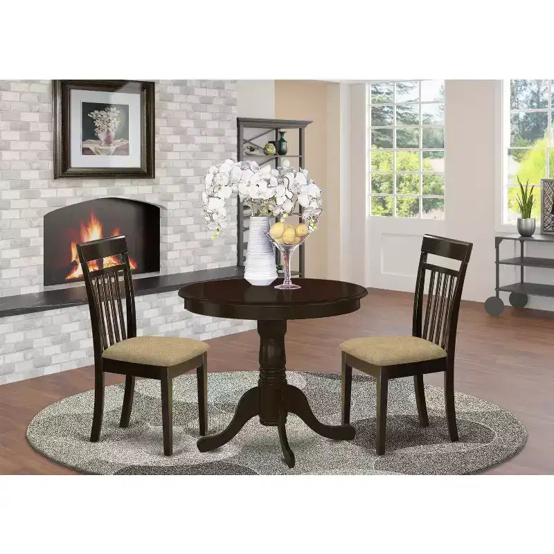 Set Tavolo da Pranzo Cucina - Sedie in Legno - Tavolo Finitura Cappuccino - Sedile in Lino - Tavolo Piccolo Rotondo