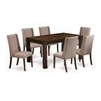 HomeStock 7-Piece Rectangle Distressed Jacobean Finish Solid Wood Top Dining Table with 6 Parson Chairs