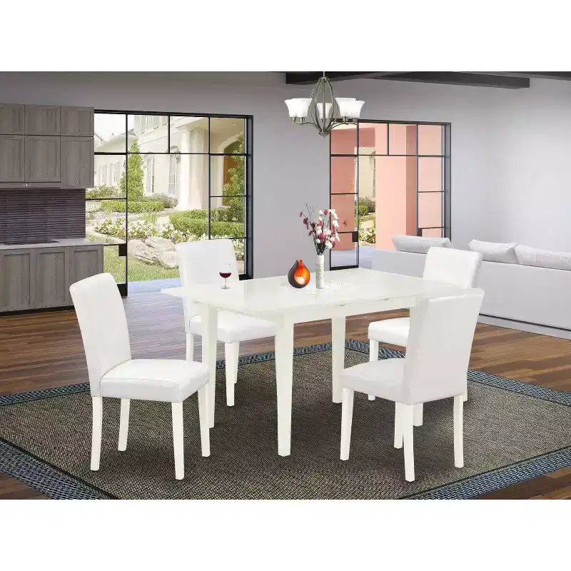 HomeStock Set Sala da Pranzo 5 Pezzi, Top in Legno Massello Finitura Bianco Lino, Rettangolare, Imbottito con Allunga a Farfalla - 4 Posti