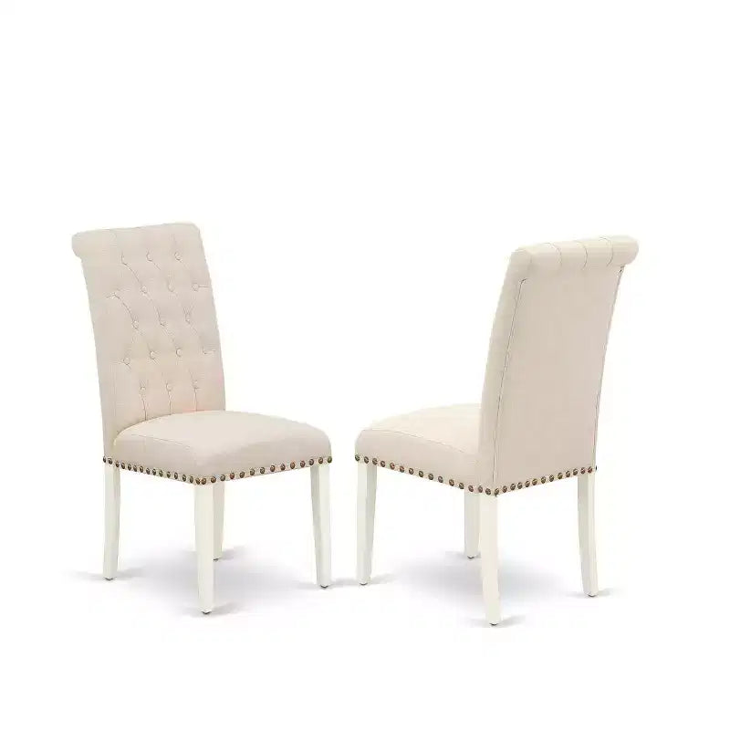 HomeStock Set Sala da Pranzo 5 Pezzi, Top in Legno Massello Finitura Bianco Lino - Rettangolare, con Bottoni Trapuntati e Allunga a Farfalla - Posti a Sedere per 4