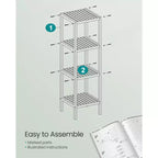 Scaffale a 4 ripiani in bambù, mobile portaoggetti alto 98 cm, ingombro salvaspazio 33x33 cm, 4 ripiani regolabili, per bagno, cucina, balcone