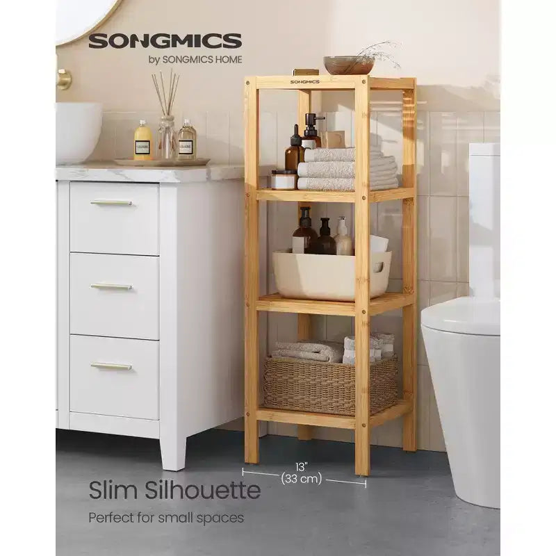 Scaffale a 4 ripiani in bambù, mobile portaoggetti alto 98 cm, ingombro salvaspazio 33x33 cm, 4 ripiani regolabili, per bagno, cucina, balcone