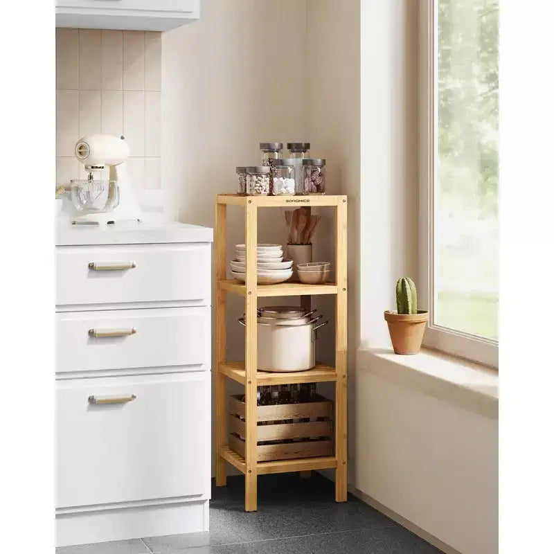 Scaffale a 4 ripiani in bambù, mobile portaoggetti alto 98 cm, ingombro salvaspazio 33x33 cm, 4 ripiani regolabili, per bagno, cucina, balcone