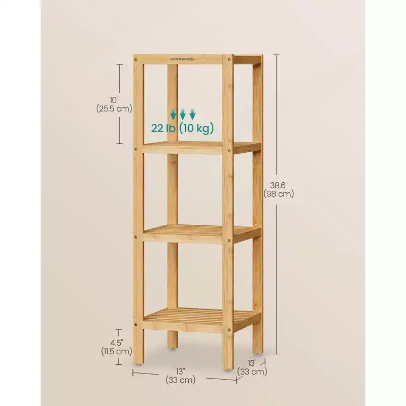 Scaffale a 4 ripiani in bambù, mobile portaoggetti alto 98 cm, ingombro salvaspazio 33x33 cm, 4 ripiani regolabili, per bagno, cucina, balcone