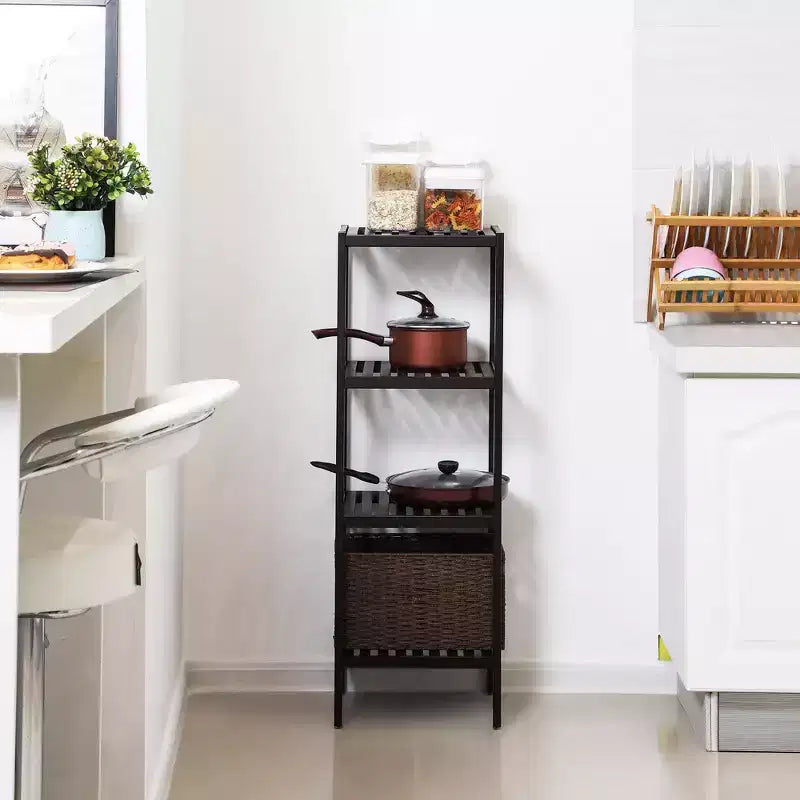 Scaffale a 4 ripiani in bambù, mobile portaoggetti alto 98 cm, ingombro salvaspazio 33x33 cm, 4 ripiani regolabili, per bagno, cucina, balcone