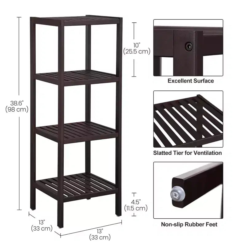 Scaffale a 4 ripiani in bambù, mobile portaoggetti alto 98 cm, ingombro salvaspazio 33x33 cm, 4 ripiani regolabili, per bagno, cucina, balcone