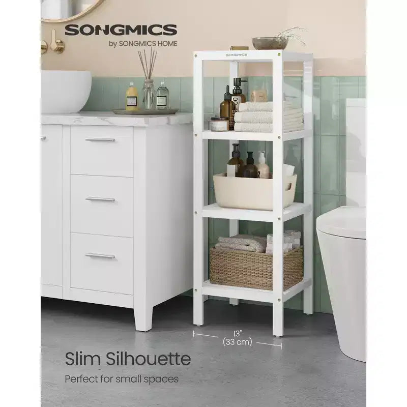 Scaffale a 4 ripiani in bambù, mobile portaoggetti alto 98 cm, ingombro salvaspazio 33x33 cm, 4 ripiani regolabili, per bagno, cucina, balcone
